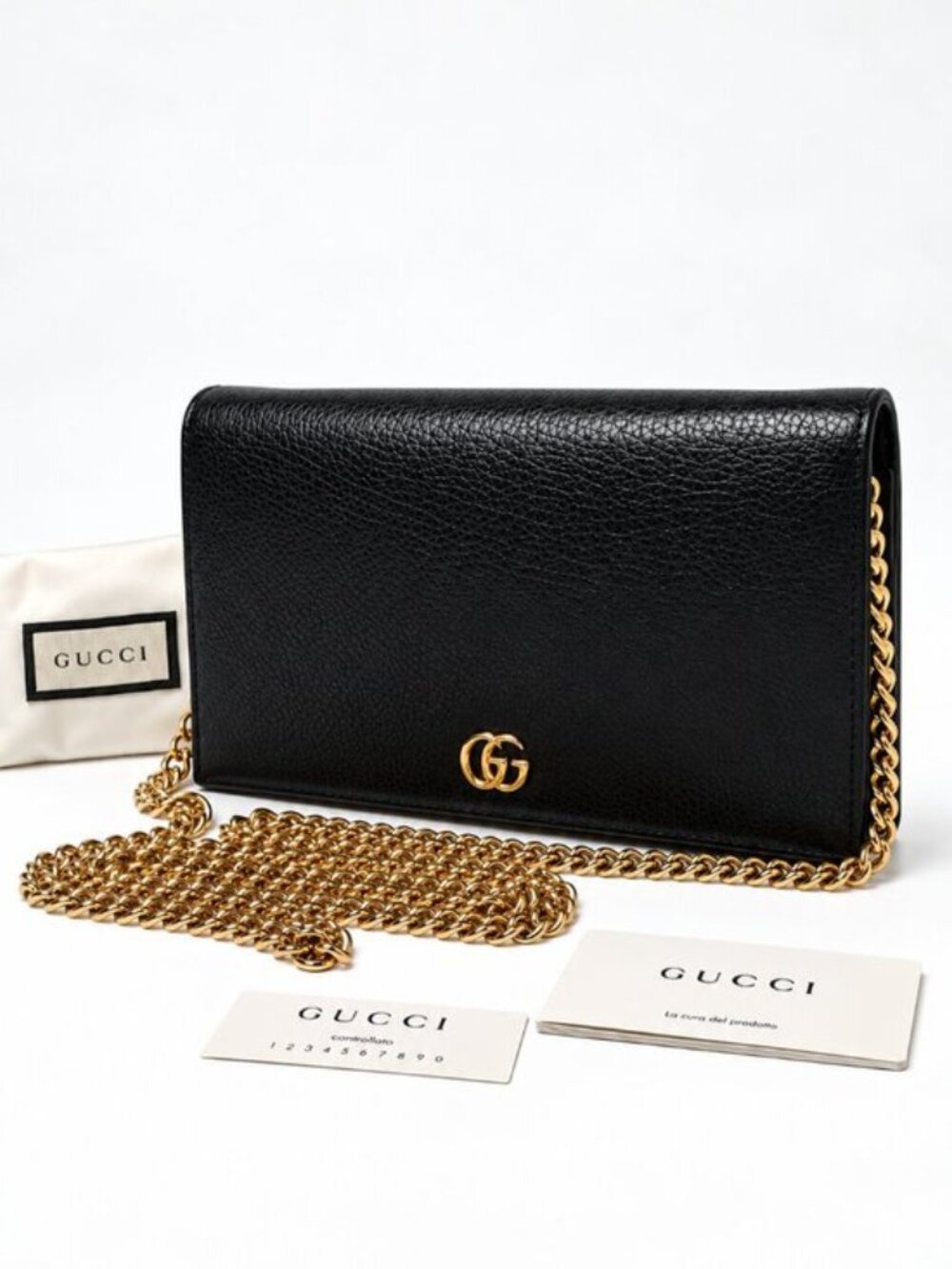 Authentic Gucci GG Marmont Black Leather Chain Wallet Crossbody Bag
